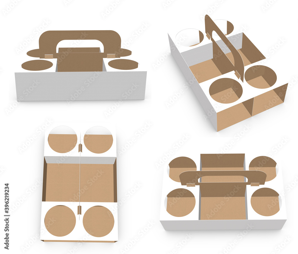 3D rendering - High resolution image white custom carrier box template isolated on white background, high quality details of cardboard