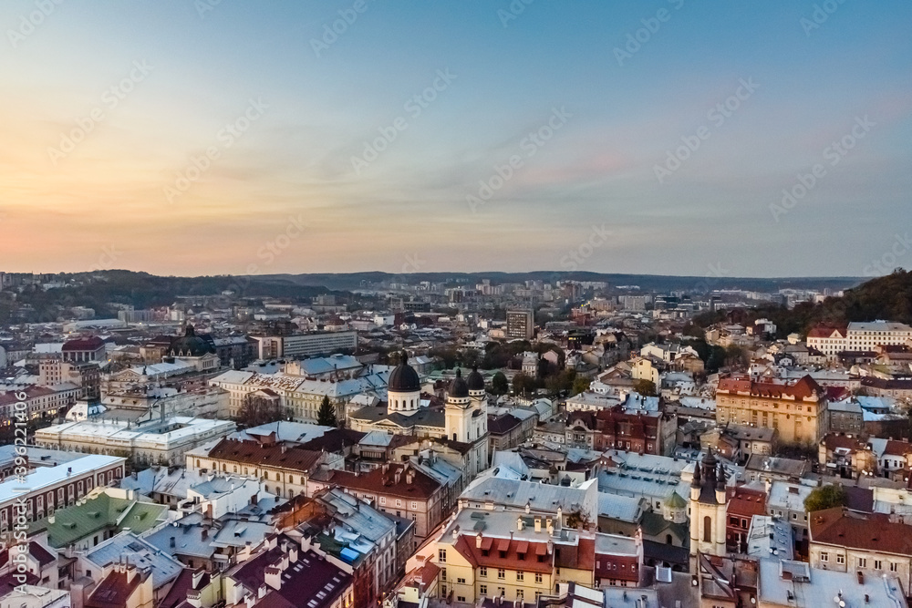 View on historic center of the Lviv at sunset. View on Lvov cityscape from the town hall