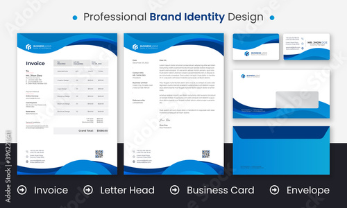 Modern Brand Identity  blue gradient  business card, letterhead, envelope, invoice set