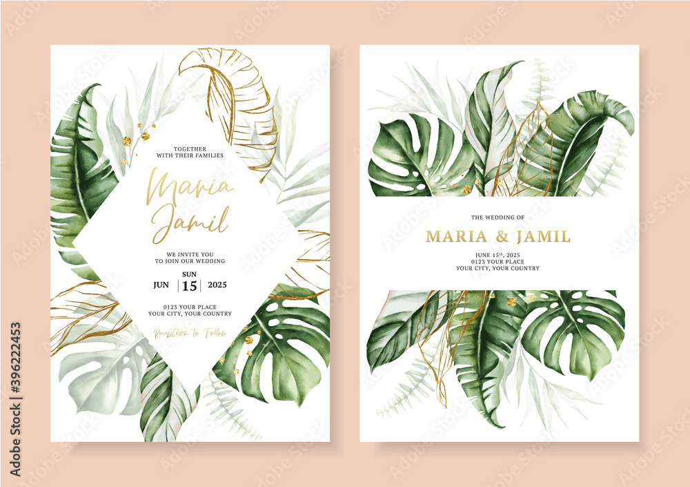 Fototapeta Watercolor tropical leaves decoration on set wedding invitation card template design. Illustration for cards, save the date, greeting, design, etc.