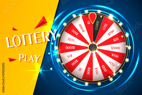 Casino spinning fortune wheel vector banner template. Rotating roulette, lottery game poster layout. Jackpot Big Win lightbulbs glowing sign. Gambling business. Game of luck playing