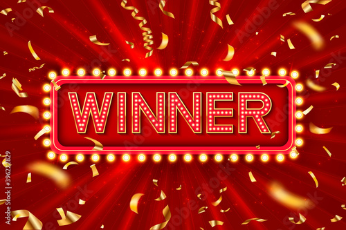 Retro frame with glowing lamps. Retro light sign. Vintage style banner. Vector illustration. Red rectangular retro frame with glowing lamps. Label for winners of poker, cards, roulette and lottery.