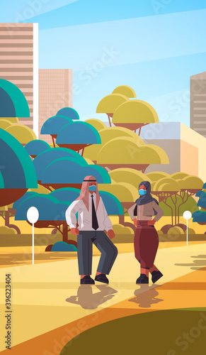 arabic businesspeople wearing protective masks to prevent coronavirus pandemic covid-19 quarantine concept arab couple walking outdoor cityscape background full length vertical vector illustration