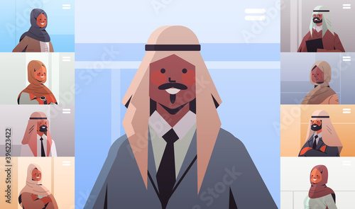 arab businessman discussing during video call with arabic businesspeople in web browser windows online conference concept horizontal portrait vector illustration