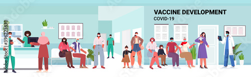 mix race patients sitting in hospital corridor people waiting for covid-19 vaccine coronavirus prevention medical immunization campaign full length horizontal vector illustration