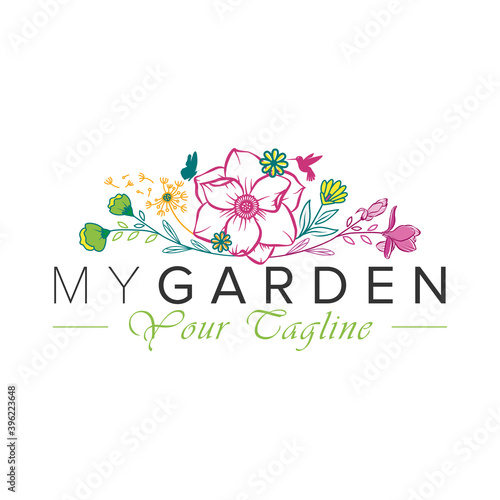 Garden logo with magnolia flower illustration