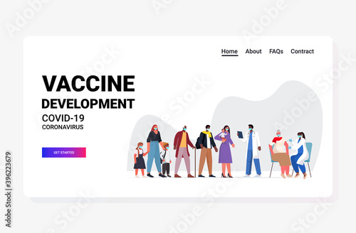 mix race patients in masks waiting for covid-19 vaccine coronavirus prevention medical immunization campaign concept full length horizontal vector illustration