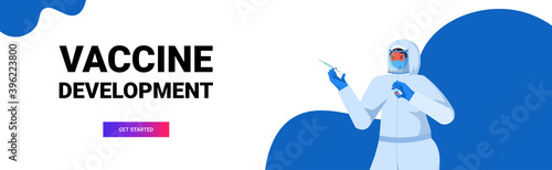 female doctor in protective mask and suit holding syringe and bottle vial coronavirus vaccine development fight against covid-19 concept portrait horizontal vector illustration