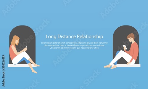 Long distance relationship concept,Men and women chat in different places,love couple,Social media and mobile communication of couples,Vector illustration.