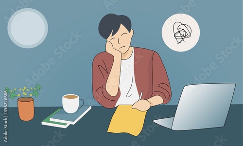 burnout syndrome concept,office worker feels stress and fatigue ,anxiety and despair in a career,Lack of inspiration,can't think idea for work,Vector illustration.