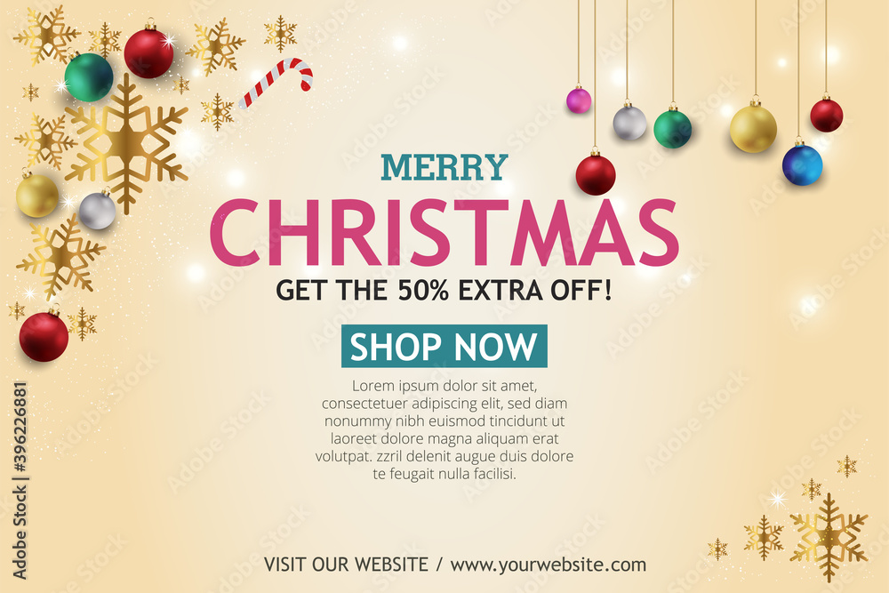 Christmas sale banner on light Background. Text Merry Christmas shop now.