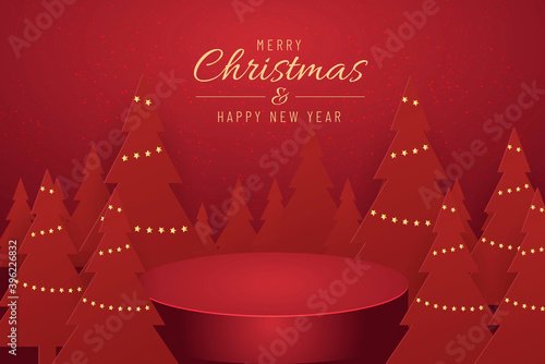 Christmas banner for present product with christmas tree on red Background. Text Merry Christmas and happy New Year.