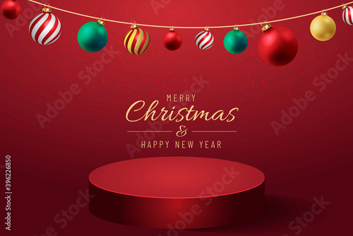 Christmas banner for present product with christmas tree on red Background. Text Merry Christmas and happy New Year.