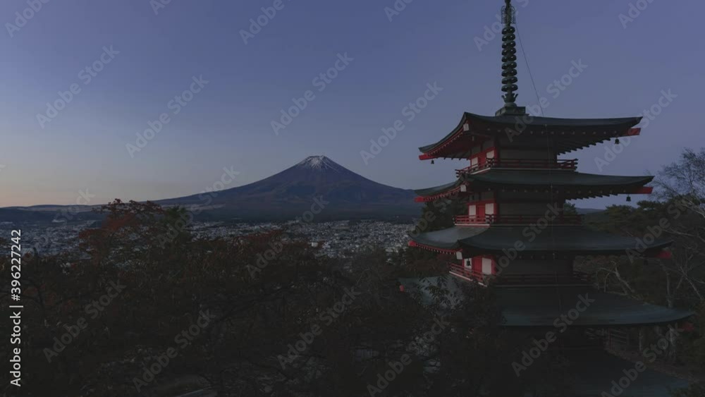 Sunrise time-lapse of Chueito Pagoda, Yamanashi, with Mount Fuji in background Sunrise time-lapse of Chueito Pagoda, Yamanashi, with Mount Fuji in background