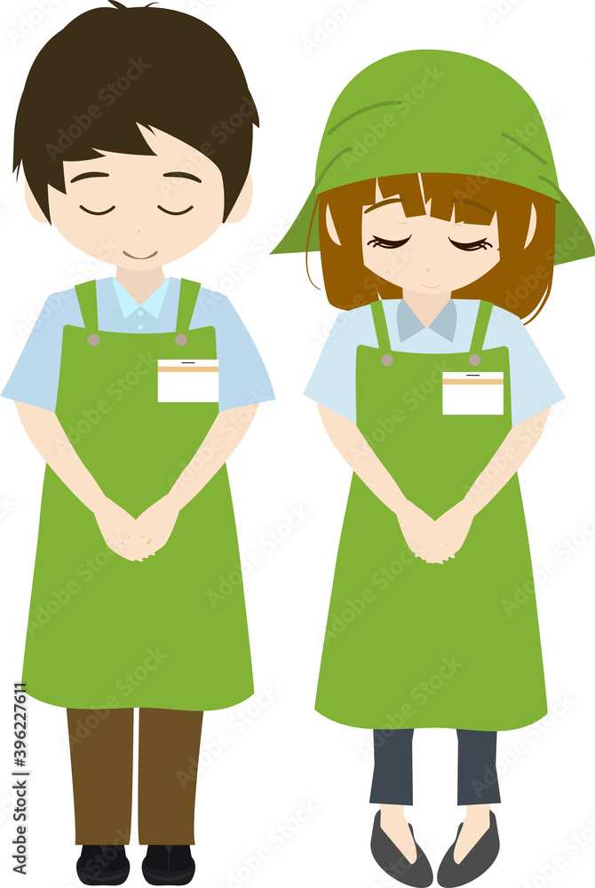 挨拶・礼・お辞儀をするシンプルな男女の店員のイラスト 挨拶・礼・お辞儀をするシンプルな男女の店員のイラスト
