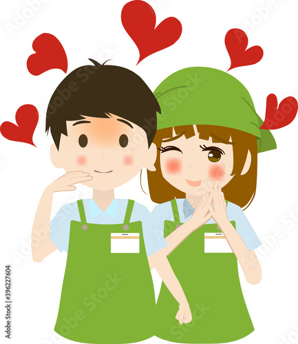 可愛い男店員と女店員のカップルのイラスト