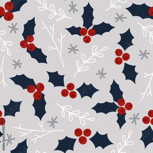 Cute Blue Christmas Berry, Branch, and Snow Seamless Pattern
