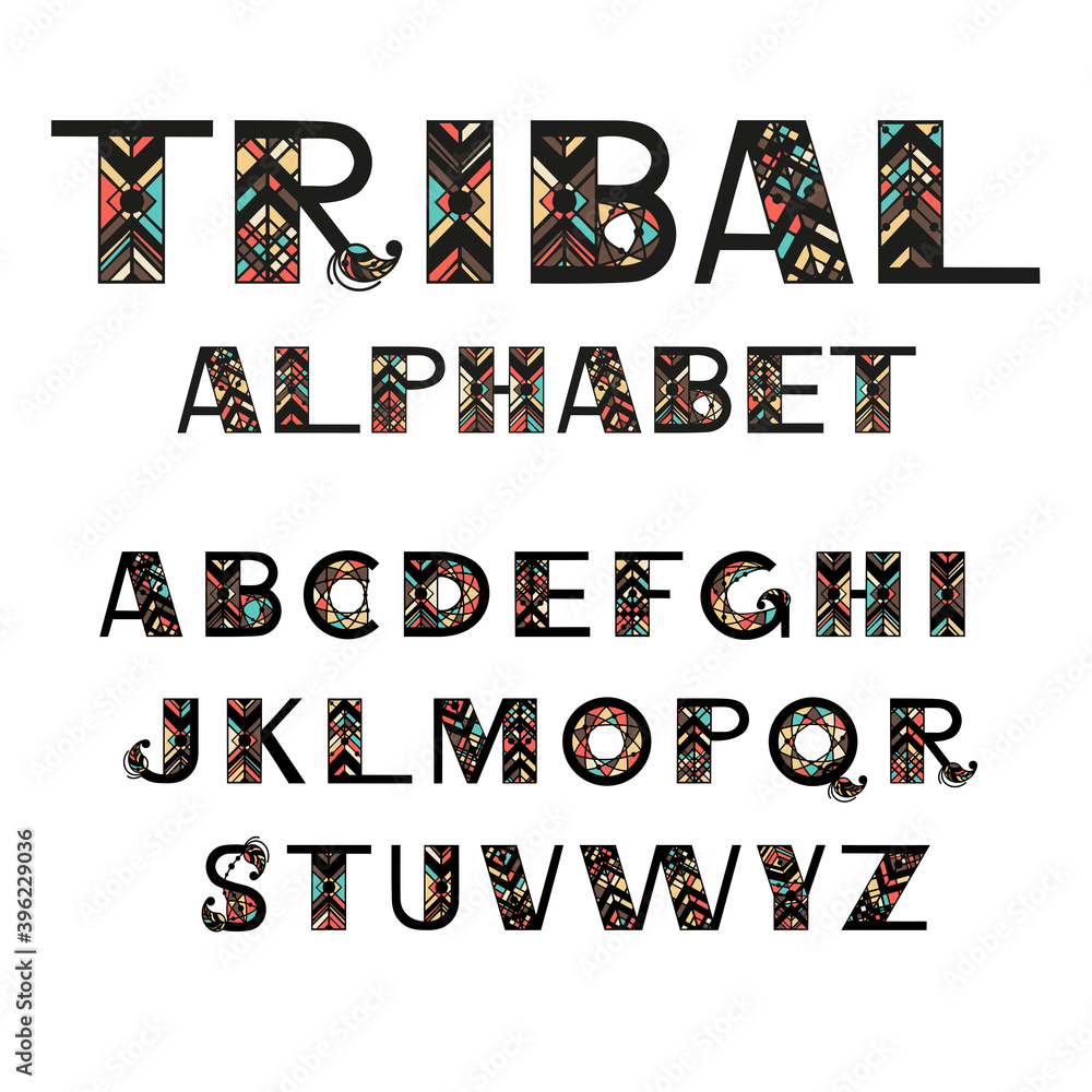 Tribal Alphabet. Capital letters in geometric ethnic style . Vector