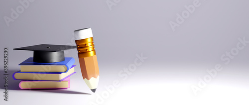 3D Rendering of a pencil, books and graduation cap that has space for text represents academic success on white background. Realistic 3d shapes. Education concept. Come back to school.
