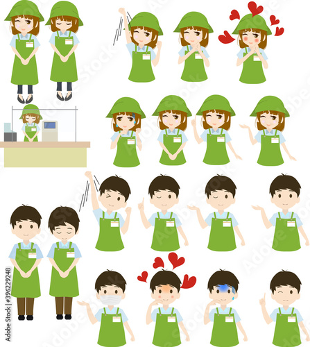 スーパー・お店の店員のイラスト(緑)セット