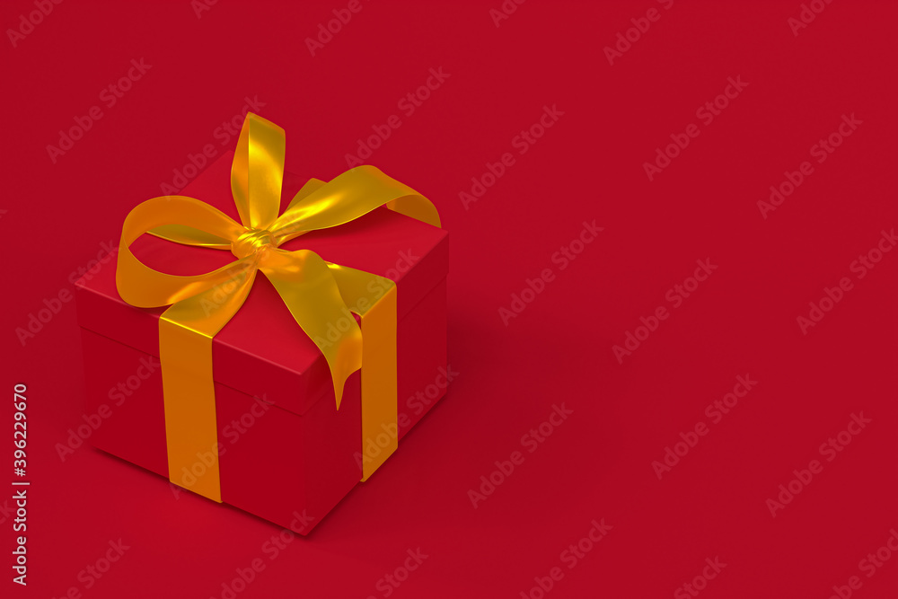 red gift box 3d with yellow ribbon and bow on red background red gift box 3d with yellow ribbon and bow on red background