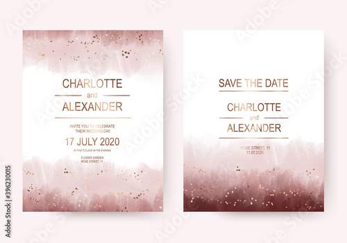 Elegant acrylic wedding invitation cards with marsala brush stroke and gold stars confetti.
