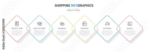 Concept of shopping process with 6 successive steps. Six colorful graphic elements. Timeline design for brochure, presentation, web site. Infographic design layout.