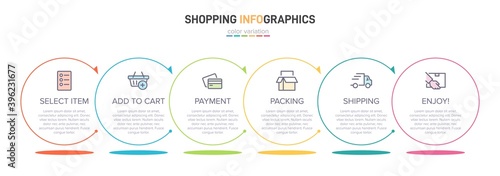 Concept of shopping process with 6 successive steps. Six colorful graphic elements. Timeline design for brochure, presentation, web site. Infographic design layout.
