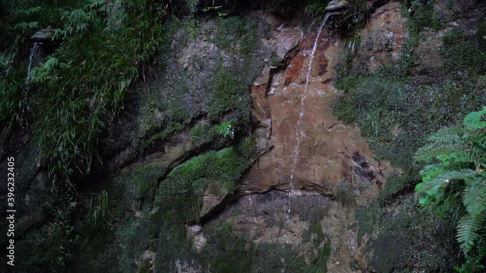 Slow tilt up over dragon fountain waterfall coming from stone wall Slow tilt up over dragon fountain waterfall coming from stone wall