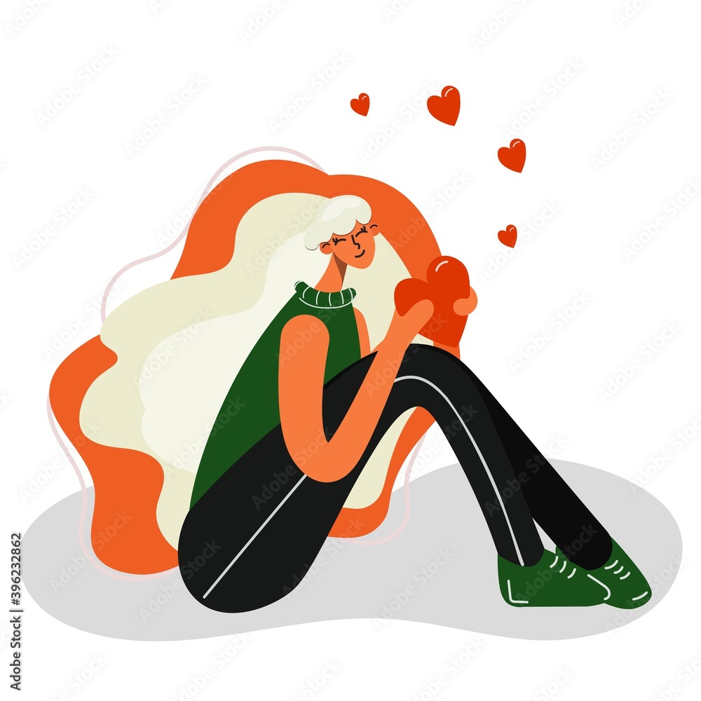 A cute girl lush hair, sits, holds heart her hands. Vector isolated illustration in flat style.