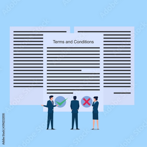 Man confuse to decide about terms and conditions metaphor of agreement. Business flat vector concept illustration.