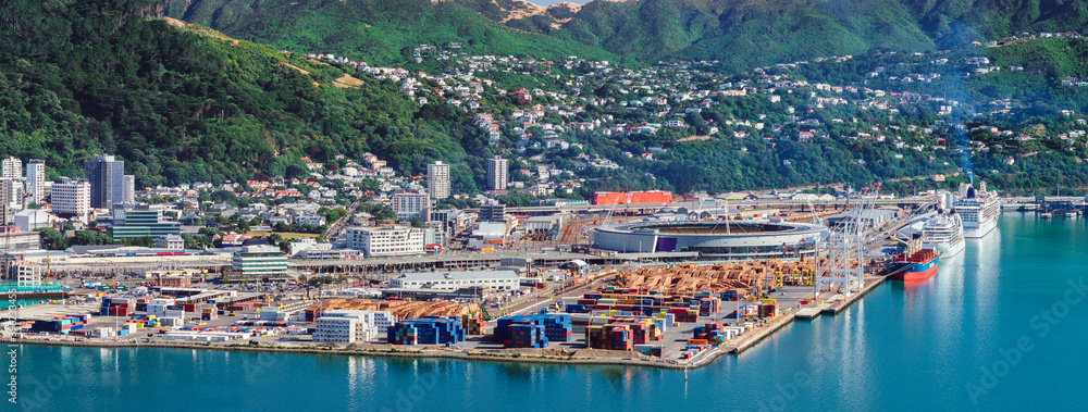 Wellington, New Zealand. The port and sports stadium viewed on a perfect summer's day from Mount Victoria.