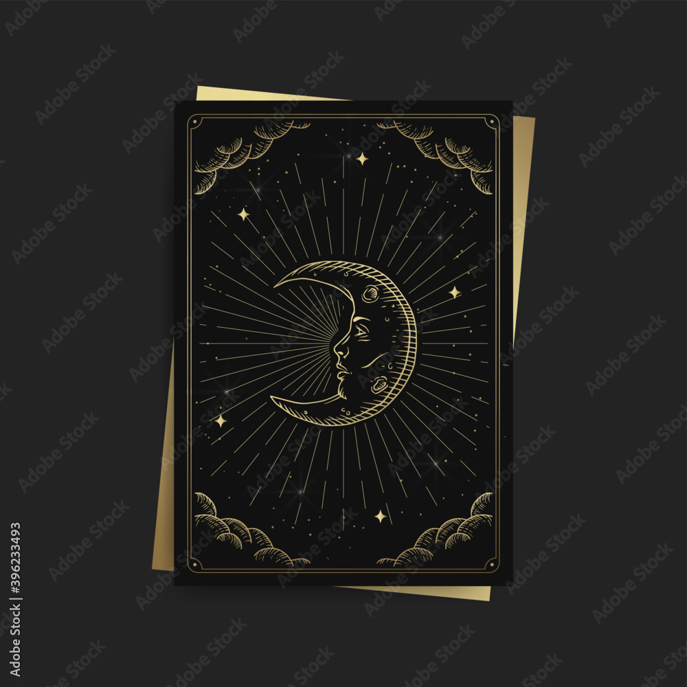 Moon sign with human face. Magic occult tarot cards, Esoteric boho spiritual tarot reader, Magic card astrology, drawing spiritual posters. - obrazy, fototapety, plakaty 