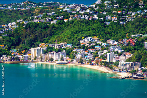 Wellington's inner city Oriental Bay beach and Mount Victoria viewed on a perfect summer's day from Tinakori Hill. 