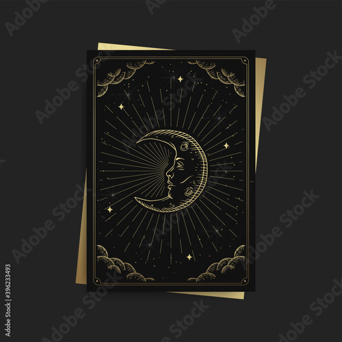 Moon sign with human face. Magic occult tarot cards, Esoteric boho spiritual tarot reader, Magic card astrology, drawing spiritual posters.
