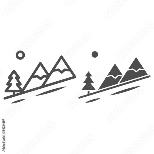 Winter mountain landscape line and solid icon, World snowboard day concept, Descent from the mountain sign on white background, ski track icon in outline style for mobile and web. Vector graphics.