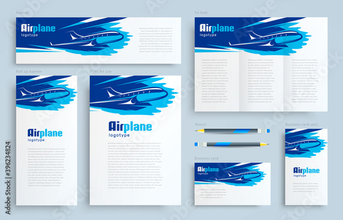 Airplane Set flyer cover, tri-fold, banner, roll up banner, business card vector blue color