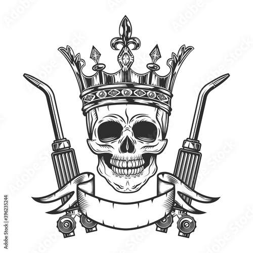 Welder king skull from a new construction site with two gas welding torch and ribbon. Repair tools in vintage monochrome style isolated vector illustration