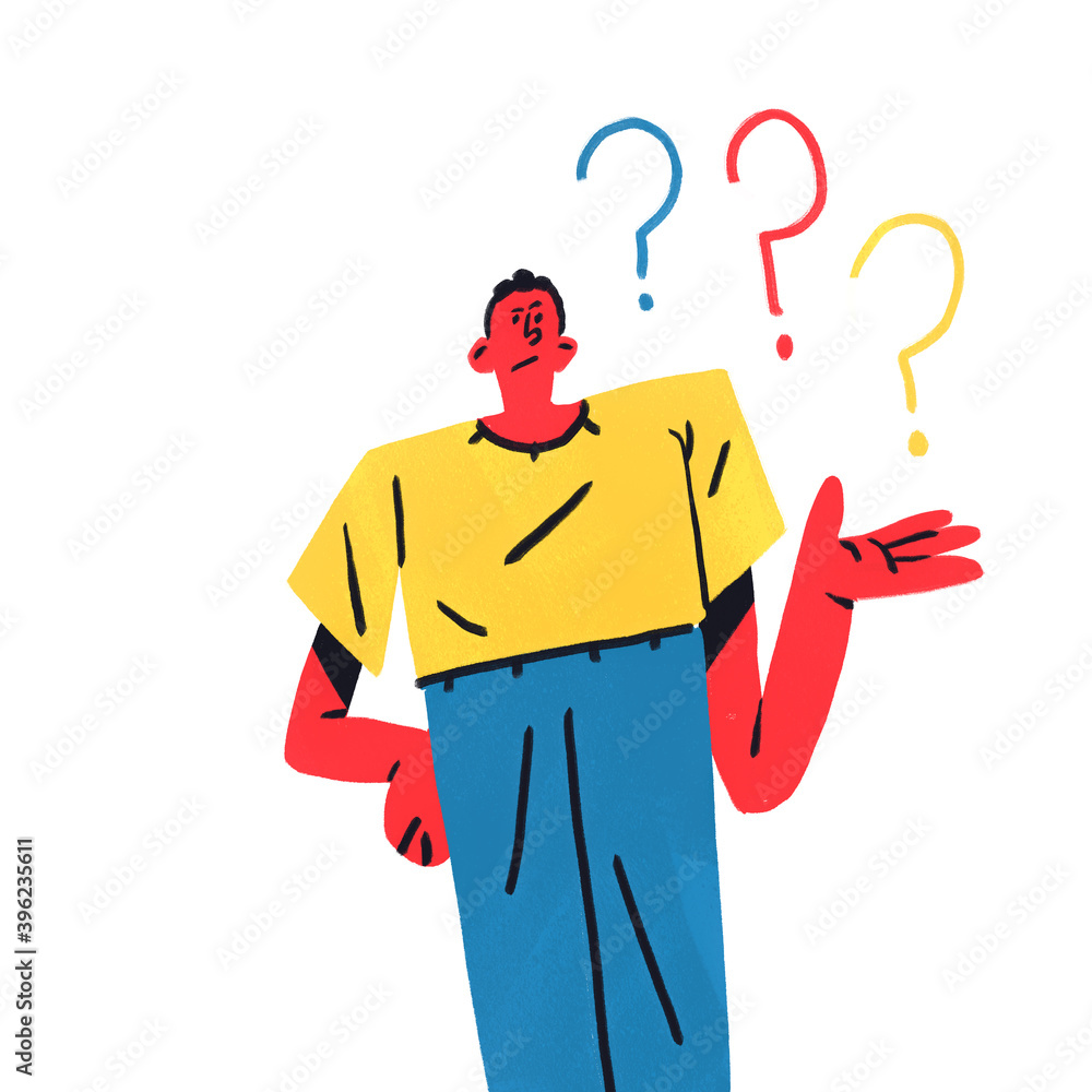 Confusing Man with Question mark. Funny cartoon clipart with Question  concept. Illustration isolated on white. Draw with Primary Color. Stock  Illustration | Adobe Stock