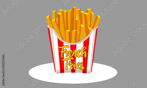 Large french fries fast food. Potato chips in red and white striped paper box. French fries packaging box flat design.
