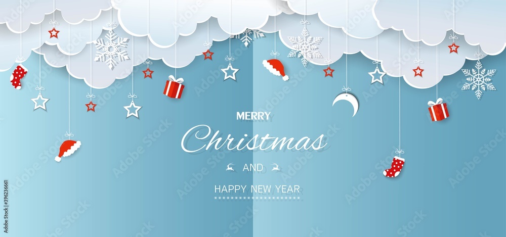 Plakat Wesołych Świąt i szczęśliwego nowego roku, zimowe wakacje transparent tło w stylu cięcia papieru