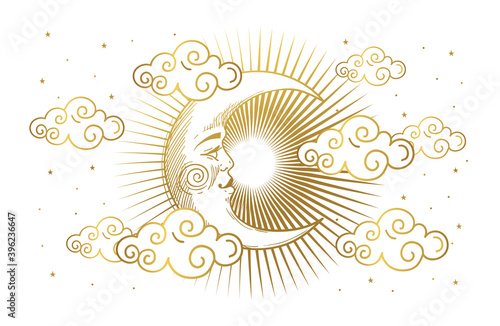 Magic banner for astrology, tarot, boho design. Universe, crescent moon with face and clouds on white isolated background. Esoteric vector illustration, pattern.