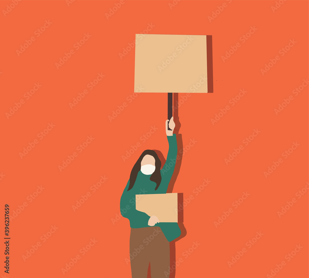 Women standing and holding blank signs, banner and placards on a ...