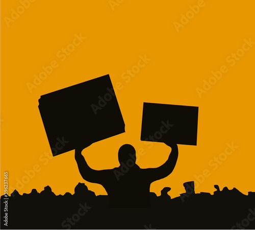 Crowd of protesters people. Silhouettes of people with banners. Protest, revolution, demonstrators or conflict.