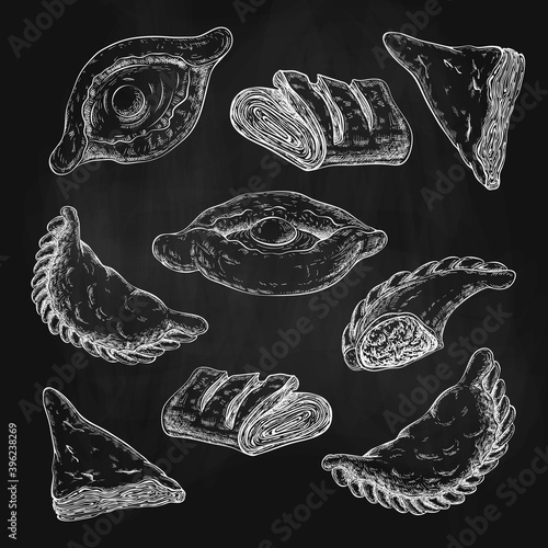 drawn puff pastries sketch set isolated. baking, pastries with cheese or meat stuffing. turnovers, khachapuri, burekas, empfans, egg boat pie, triangle buns. vintage style. traditional fried pastry.
