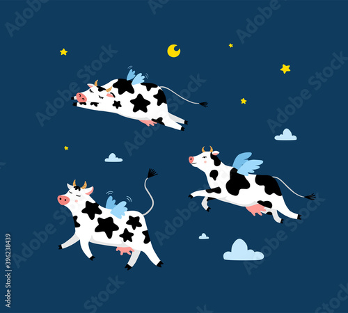 Funny bull or cow, symbol of the new year 2021, flying in the clouds and stars. Vector cartoon illustration or postcard.
