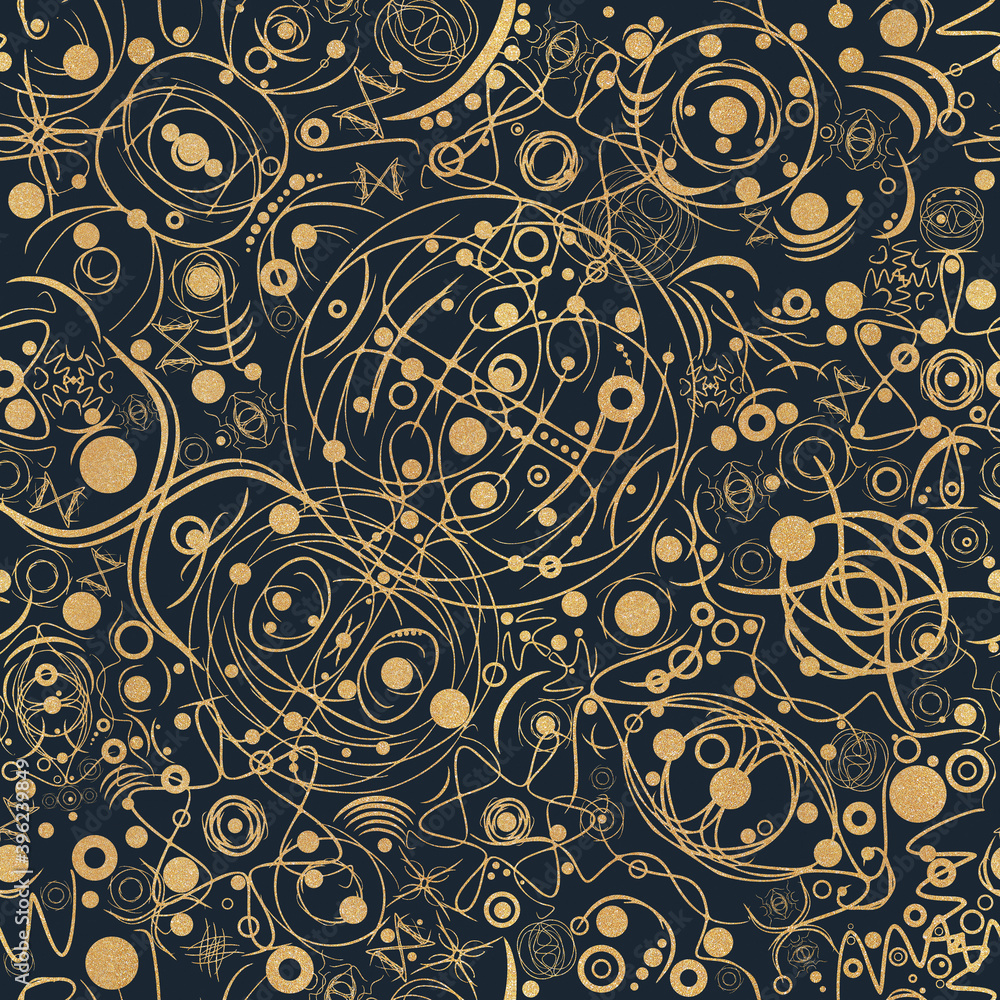 Abstract seamless pattern. Golden glitter on dark blue with fabric texture. Symbols, cosmos. (pattern: sp06a)