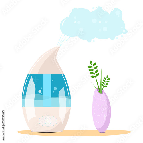 A humidifier and a flower. Ecological system for humidifying dry air. Vector flat illustration