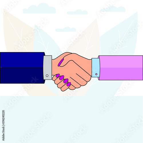 Handshake of male and female hands, successful business partnership, contract conclusion, vector illustration on a white background, cooperation