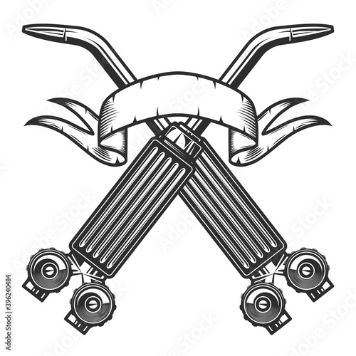 Crossed two gas welding torch from new construction site. Repair tools with ribbon in vintage monochrome style isolated vector illustration